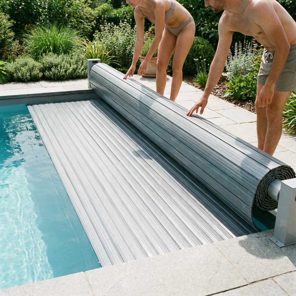 Dargestellt ist eine einziehbare Poolabdeckung mit Lamellen, die teilweise über einem rechteckigen Schwimmbecken ausgefahren ist.