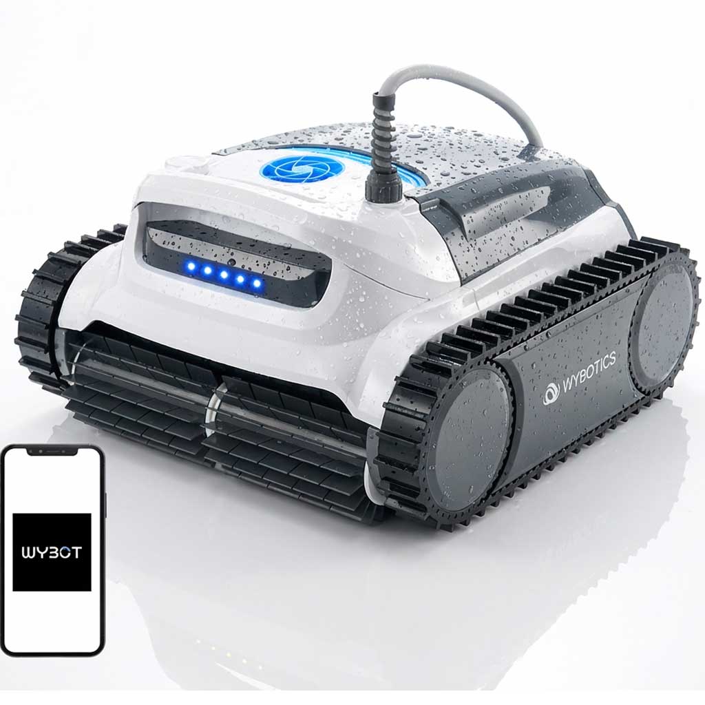 Roboter-Poolreiniger mit Schienen und wasserabweisendem Design.