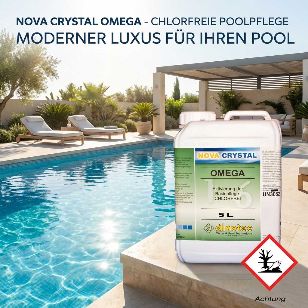 Chlorfreier Poolpflegebehälter neben einem Pool.