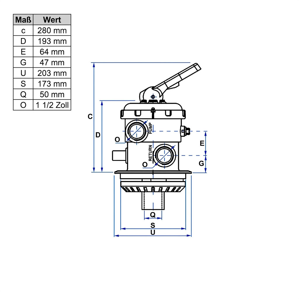 Technische Zeichnung eines Poolfilter-Mehrwegeventils mit Maßschildern und einer Datentabelle.