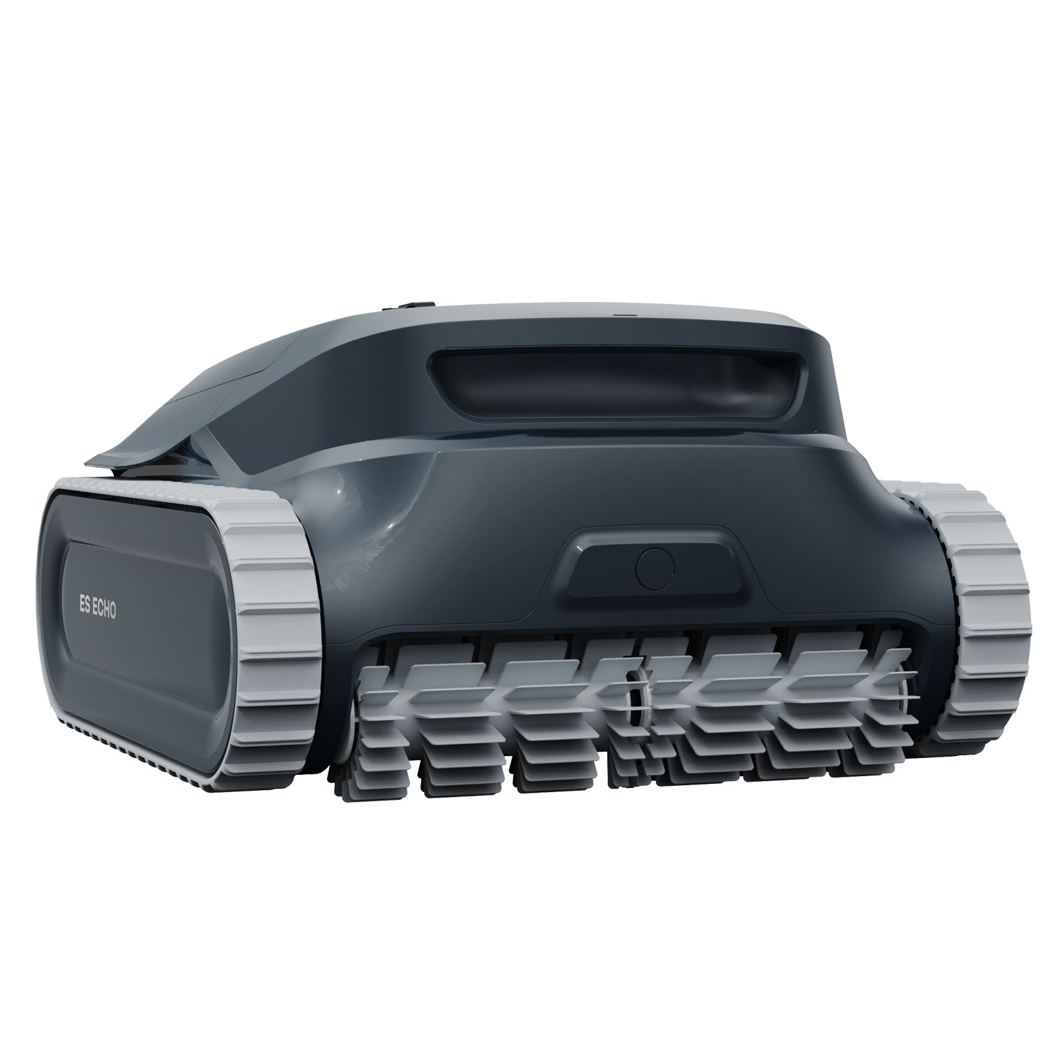 Bild eines Roboter-Poolreinigers mit grauem Gehäuse und hellgrauen Laufflächen zur Poolreinigung.