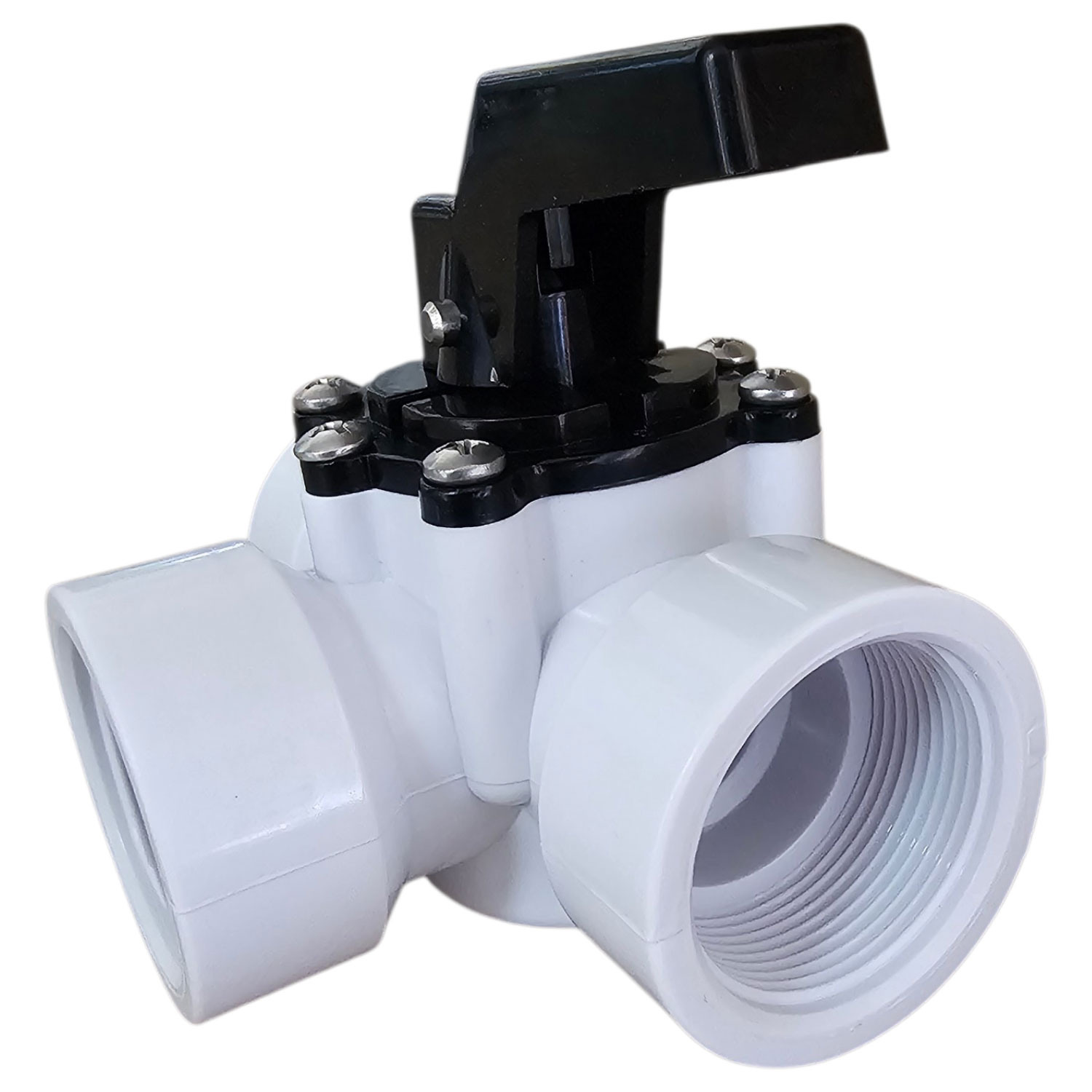 Weißes PVC-Ventil mit schwarzem Griff und Gewindeanschlüssen.