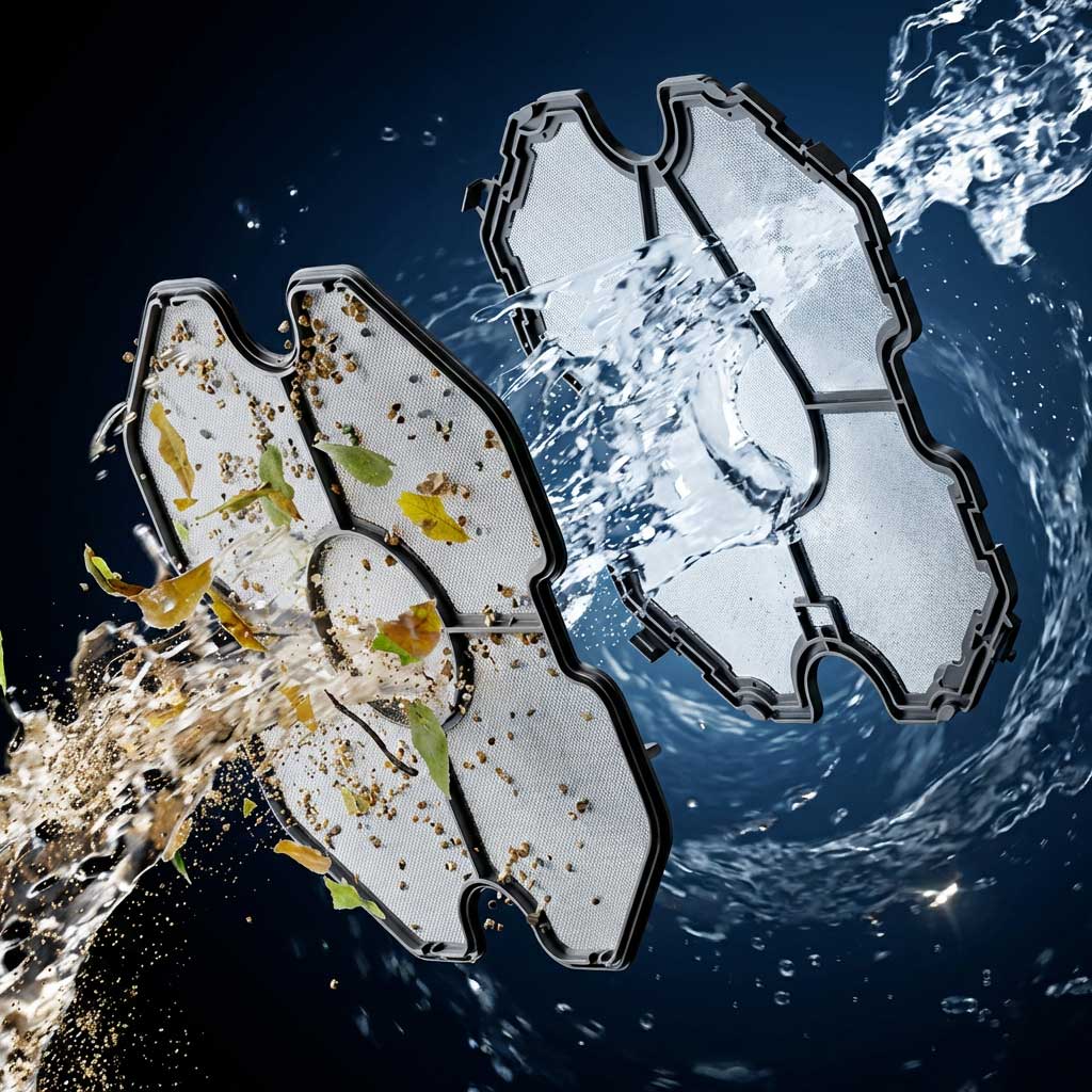 Zwei Poolfilterkartuschen, eine mit Blättern und Schmutz verschmutzt, die andere durch Spülen mit Wasser gereinigt.