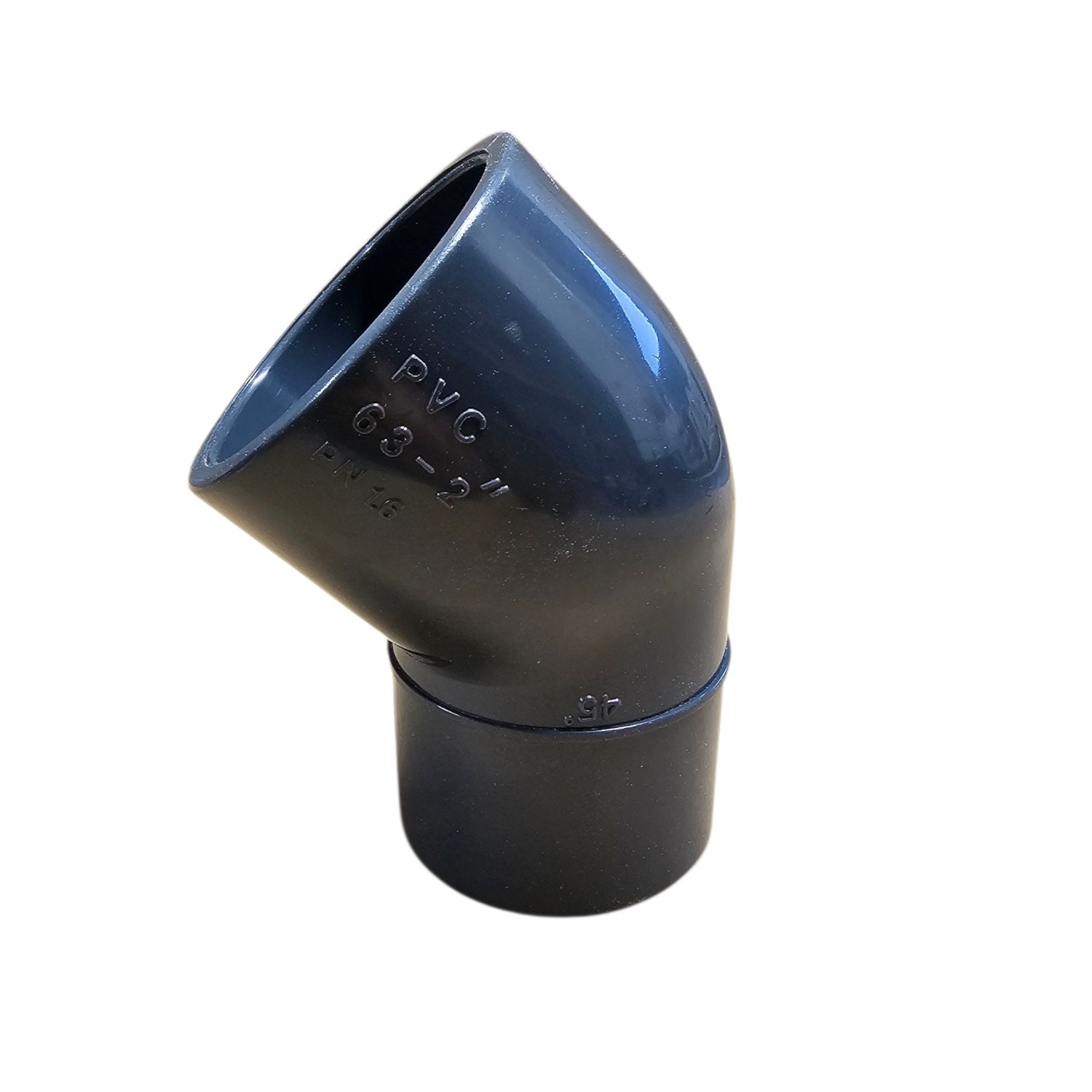 PVC Winkel   d 63  45 Grad reduziert mit Klebemuffe und Stutzen