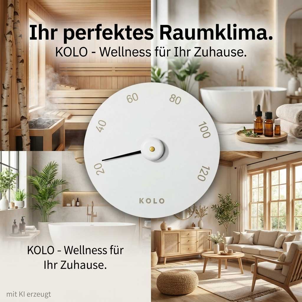 Ein rundes weißes analoges Thermometer mit einer schwarzen Nadel, die auf die Zahl 20 zeigt.