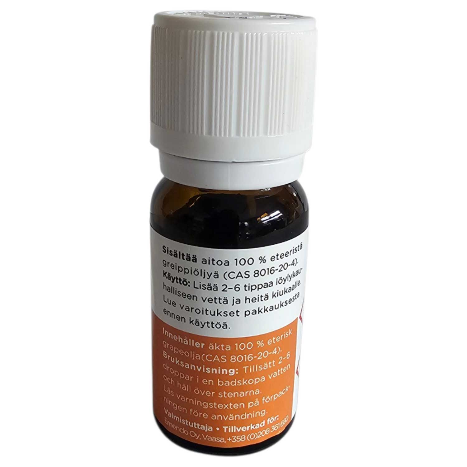Eine kleine bernsteinfarbene Glasflasche mit weißem Verschluss, die ätherisches Öl mit Produktkennzeichnung enthält.