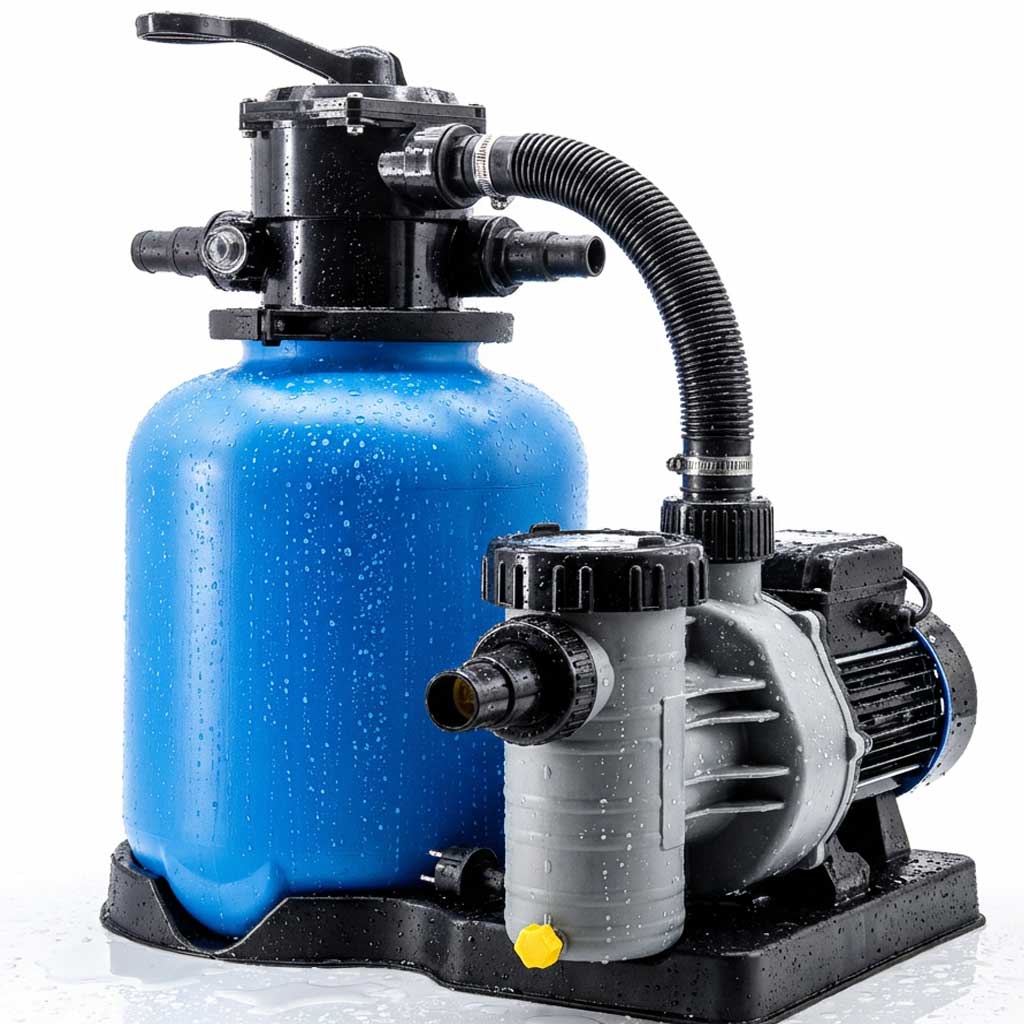 Blauer Poolfilter und Pumpe mit Wassertropfen auf der Oberfläche.