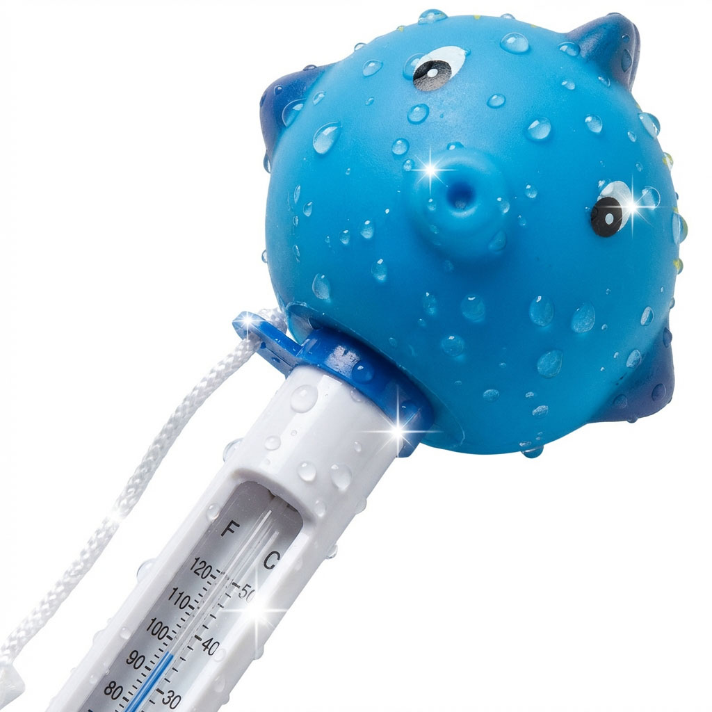 Blaues schwimmendes Thermometer mit lächelndem Fischdesign zur Messung der Pooltemperatur.