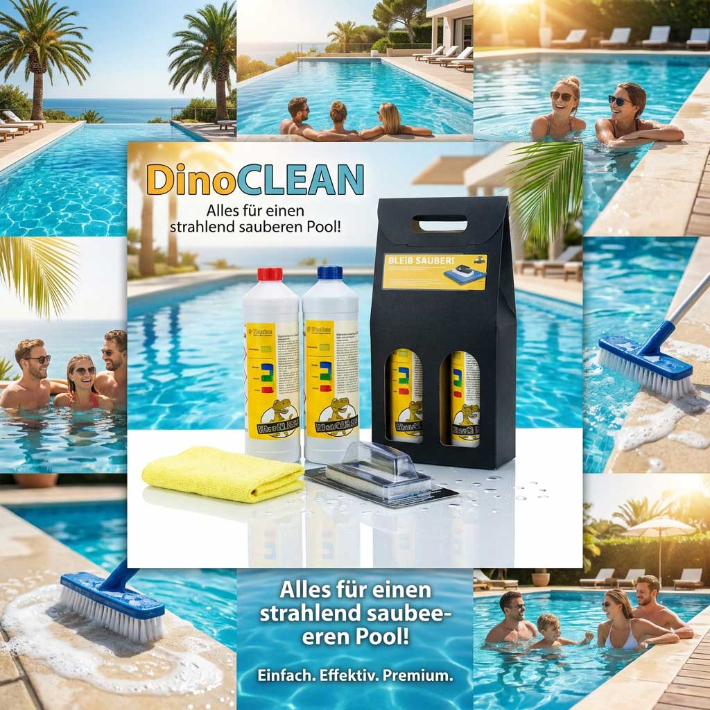 Poolreinigungsprodukte wie Flaschen, Bürste und Tuch am Pool.