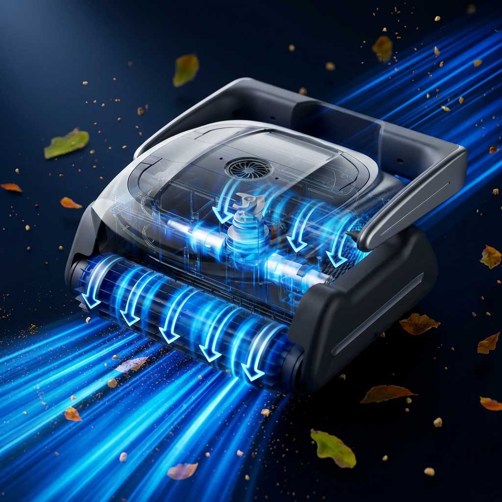 Roboter-Poolreiniger mit transparentem Gehäuse, das blaues Licht und Wasserfluss im Inneren freigibt.