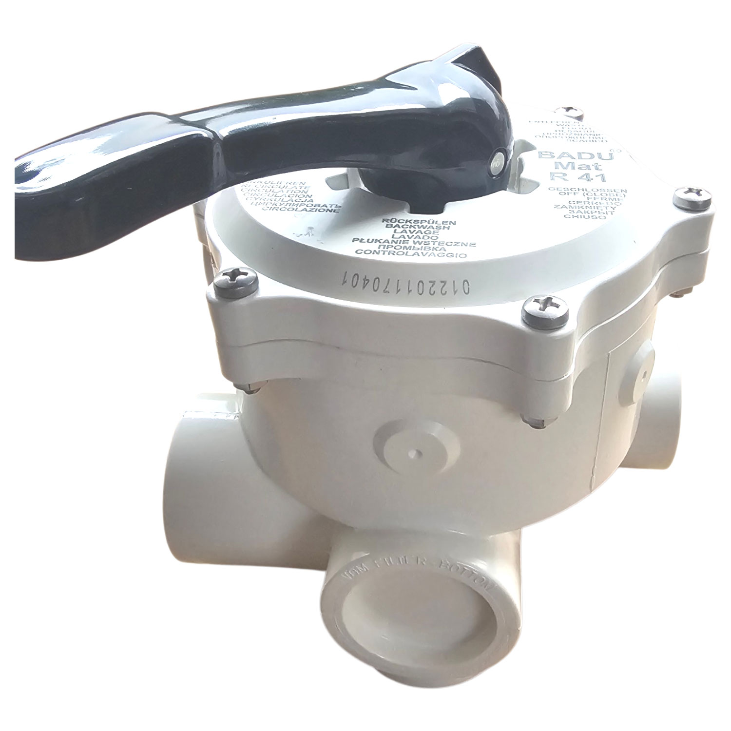 Ein weißes Mehrwegeventil mit schwarzem Griff für Poolfiltersysteme.