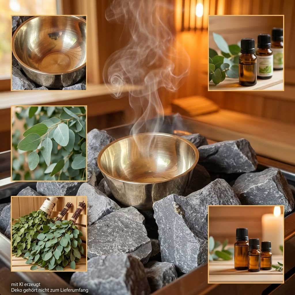 Eine metallische Sauna-Verdunstungsschale, die auf heißen Steinen mit aufsteigendem Dampf steht.