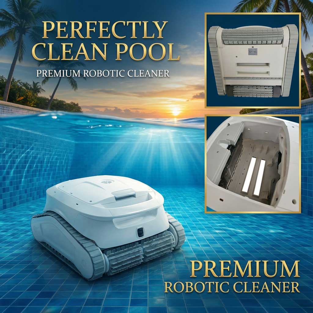 Roboter-Poolreiniger in einem Schwimmbad mit blauen Fliesen.