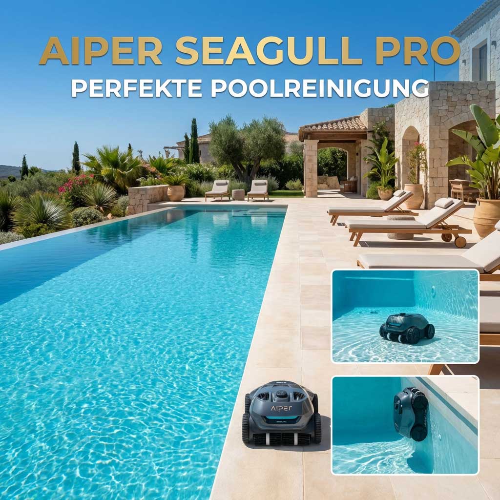 Automatischer Poolreiniger in der Nähe eines großen Außenpools.