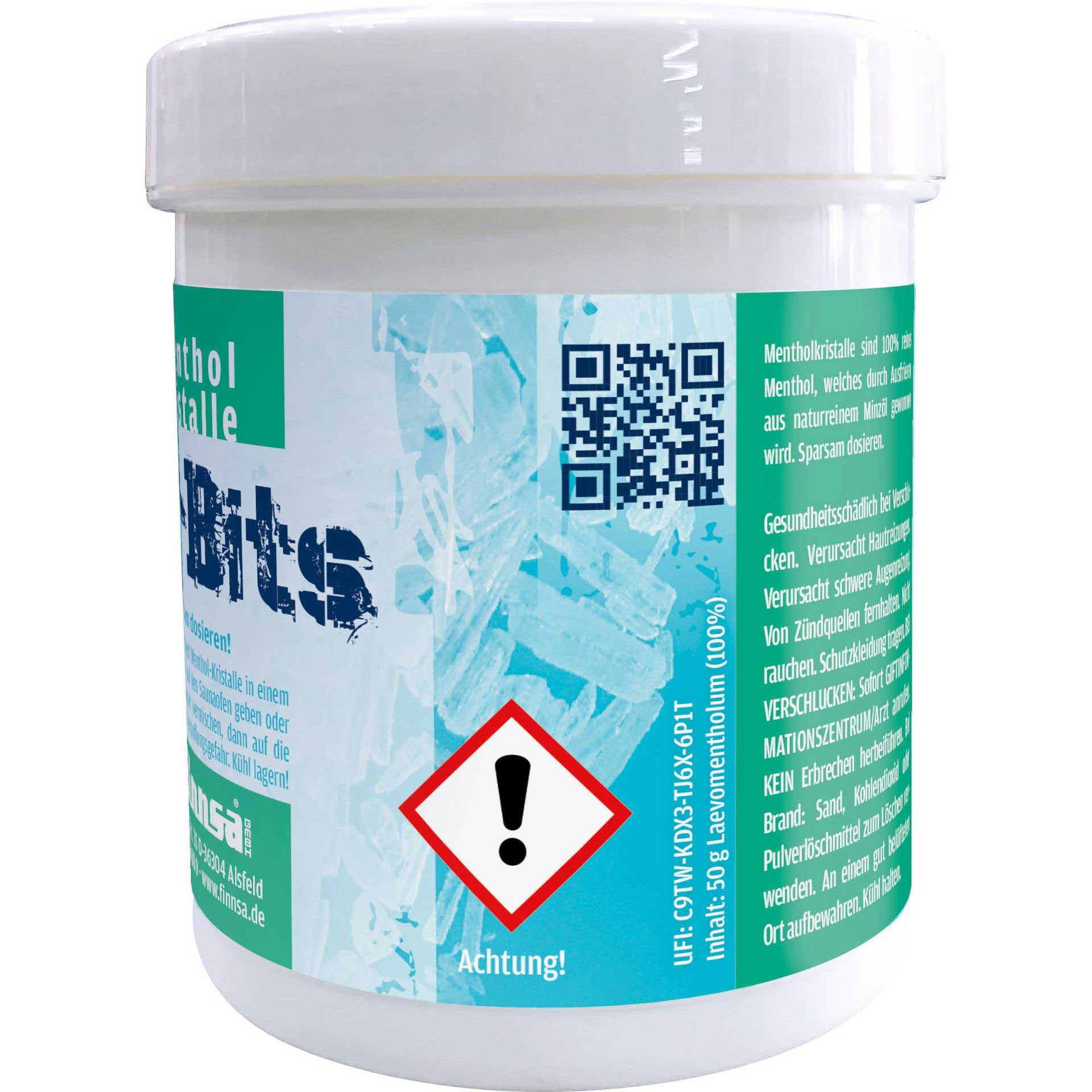 Ein weißer Kunststoffbehälter mit einem Etikett mit einem QR-Code und einem Gefahrenwarnsymbol.