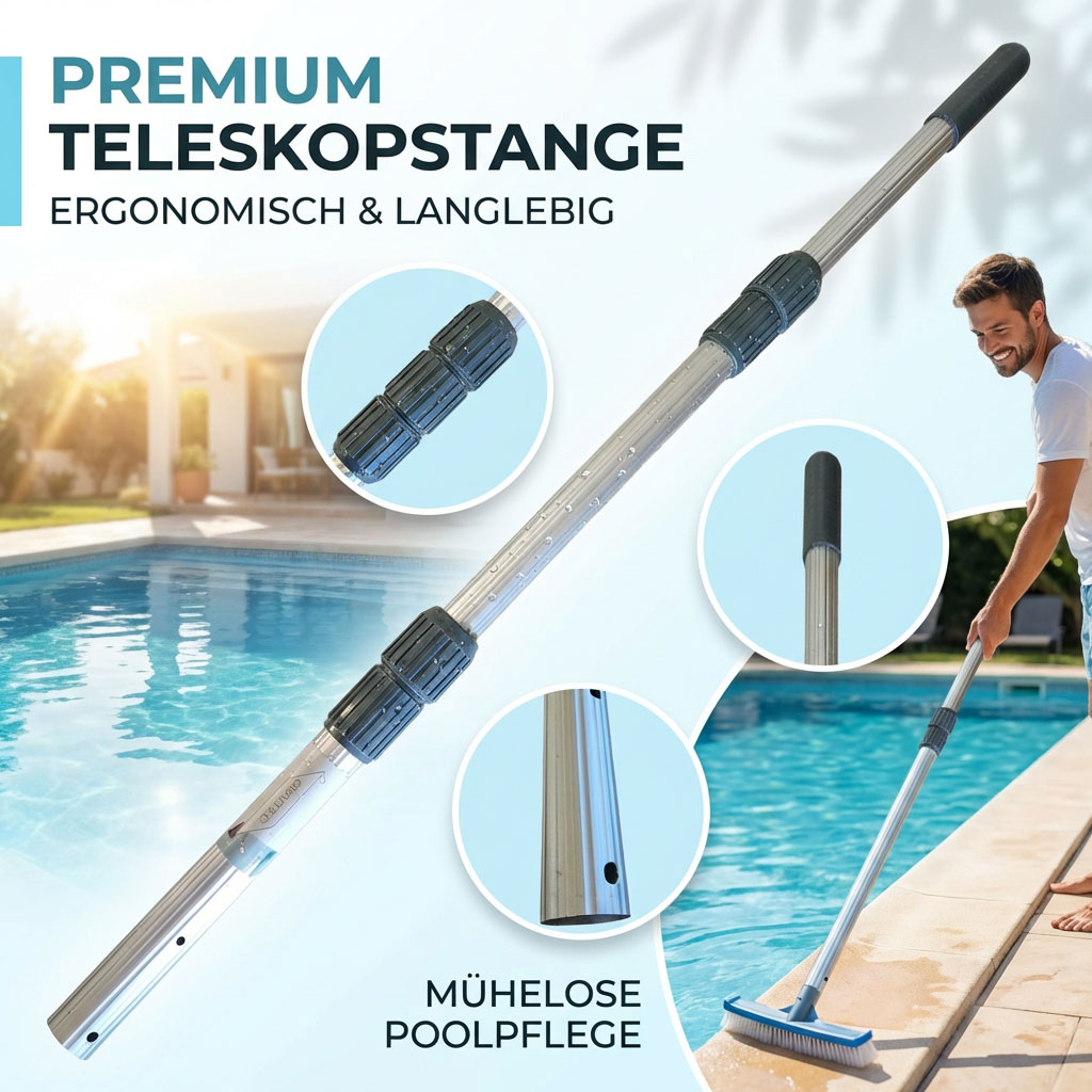 Teleskopstange für die Poolpflege mit ergonomischem Griff und langlebigem Design.