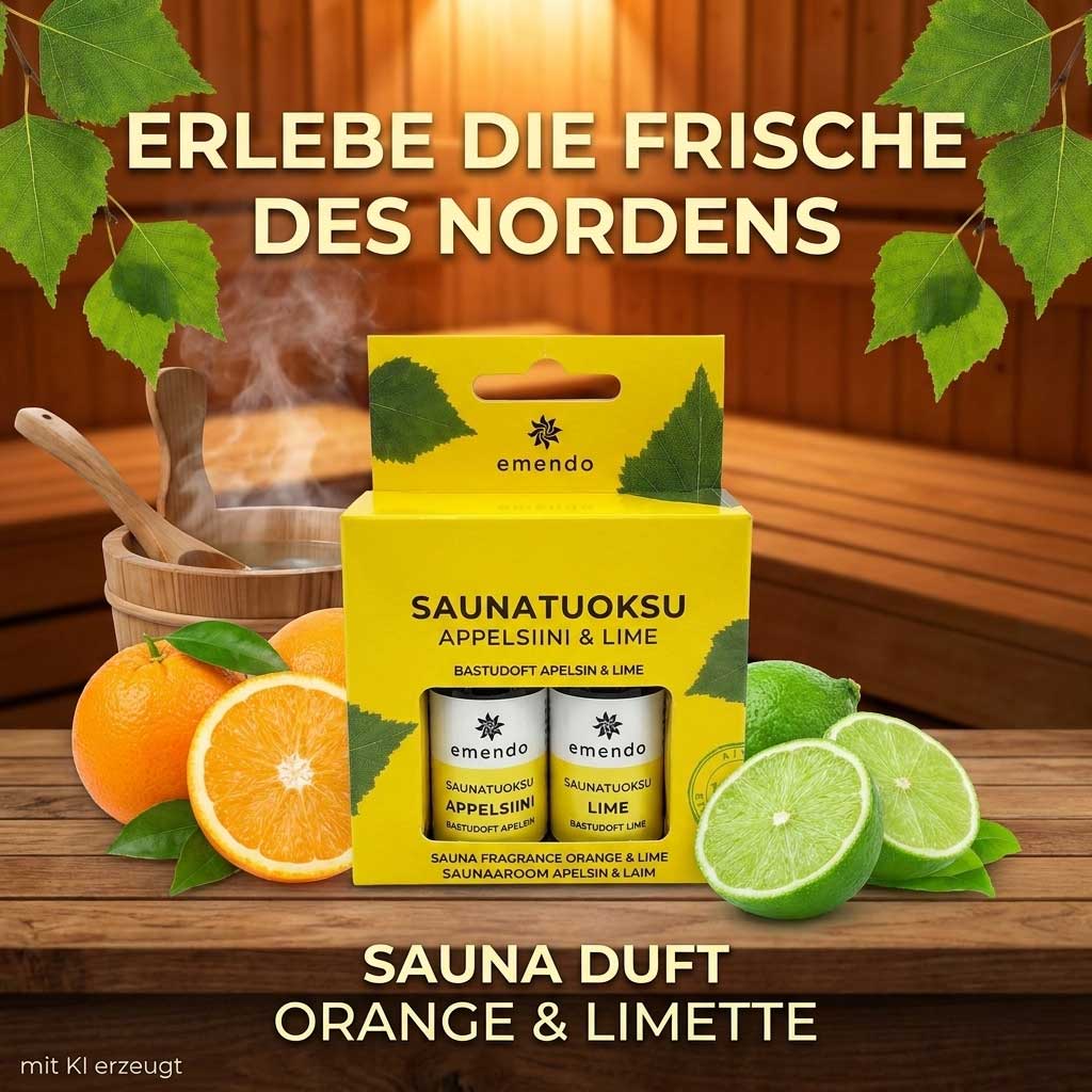 Ein gelber Karton mit zwei Flaschen Sauna-Duftkonzentrat neben Orangen und Limetten.