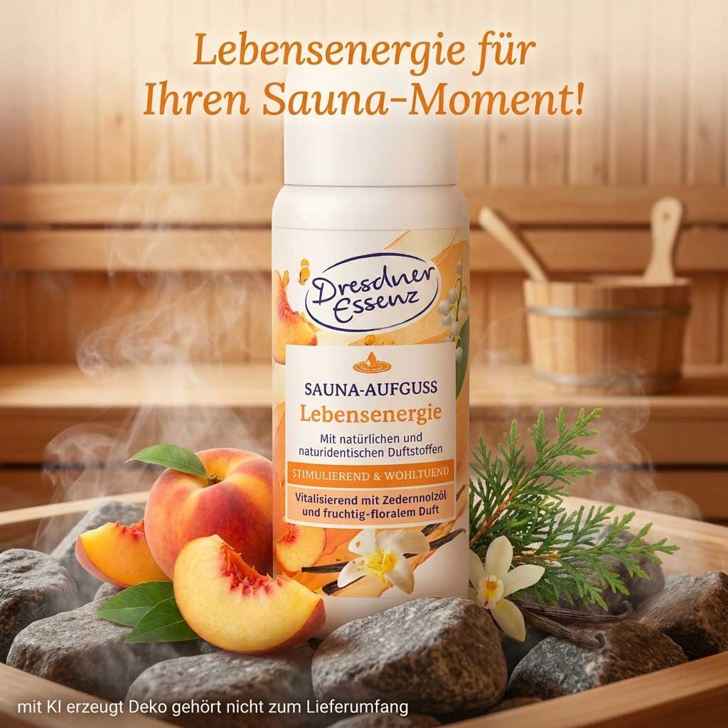 Eine Flasche Saunaaufguss mit Pfirsichmotiv steht auf heißen Saunasteinen.