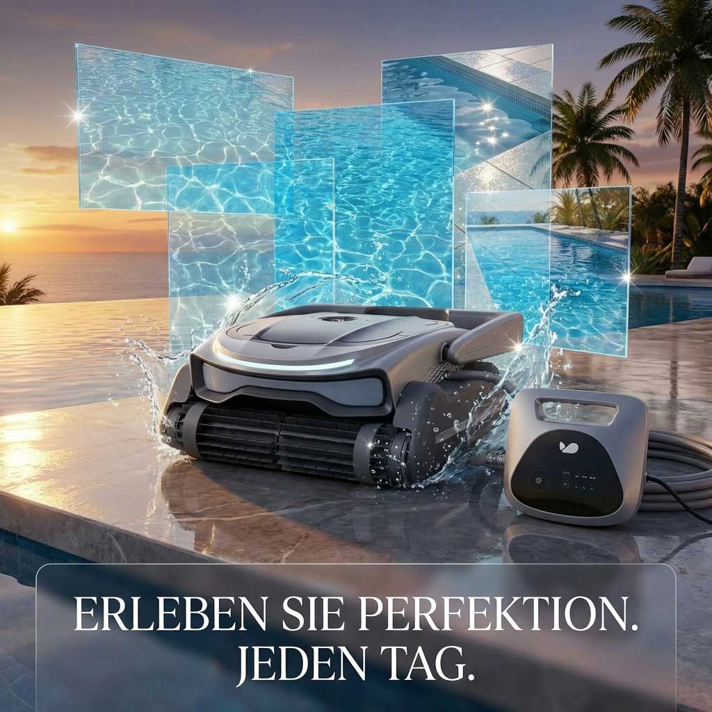 Roboter-Poolreiniger mit Steuereinheit neben einem Pool mit Wasserreflexionen.