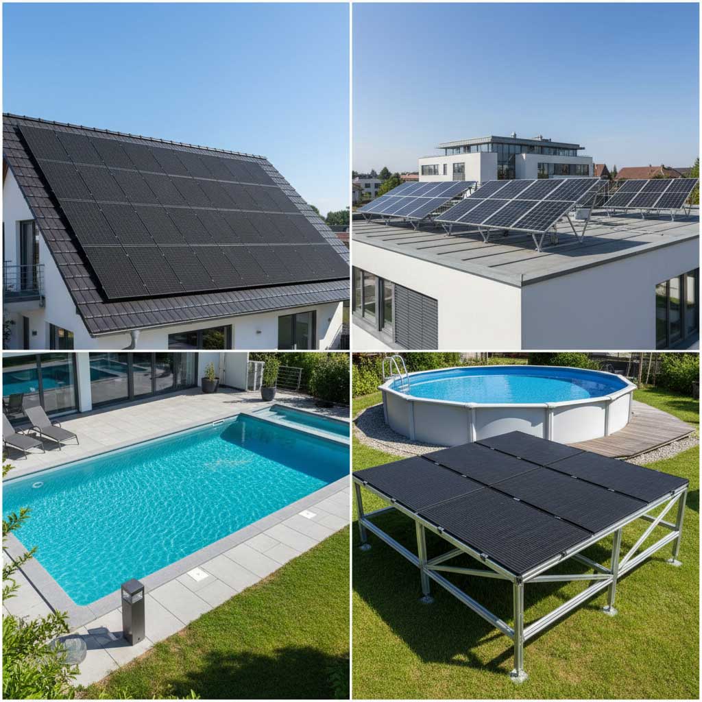 Collage aus Sonnenkollektoren auf Dächern, einem bodenmontierten Poolheizsystem und in den Boden/auf der Erde eingelassenen Pools.