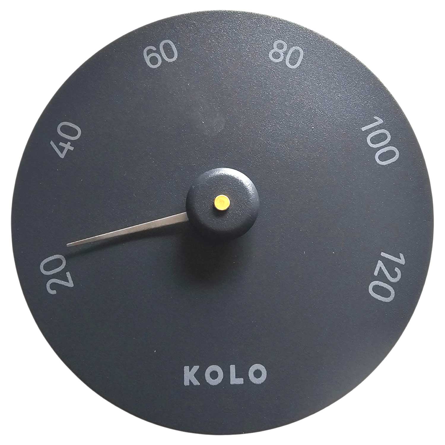 Ein rundes dunkelgraues Messgerät mit einer Nadel, die auf 20 zeigt, und Zahlen im Bereich von 20 bis 120.