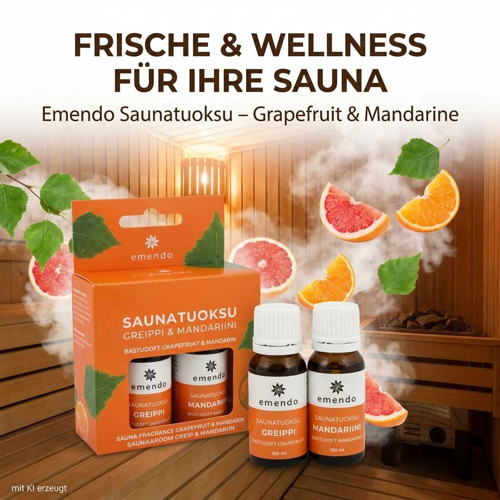 Zwei kleine Flaschen mit Sauna-Duftöl stehen vor einer Produktverpackung aus Karton.