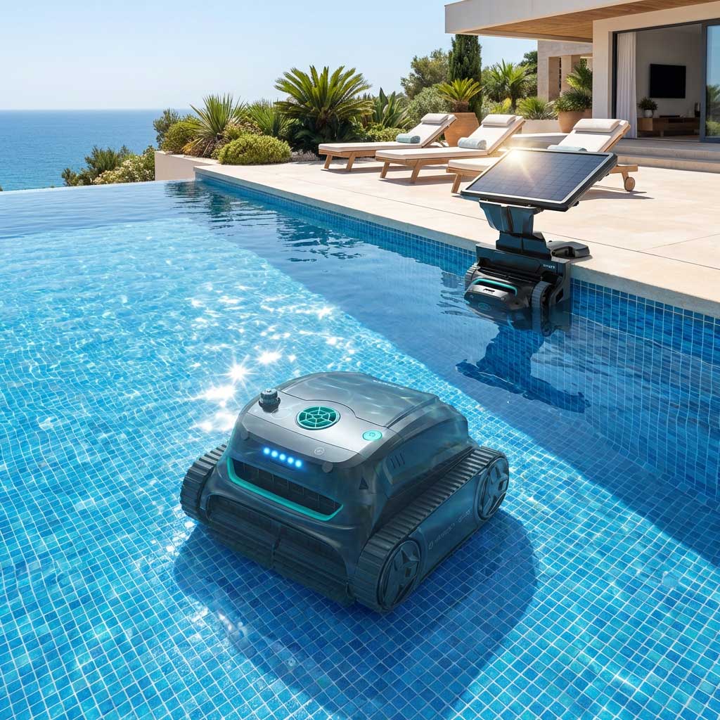 Ein Roboter-Poolreiniger, der in einem Schwimmbad mit blauen Fliesen arbeitet.