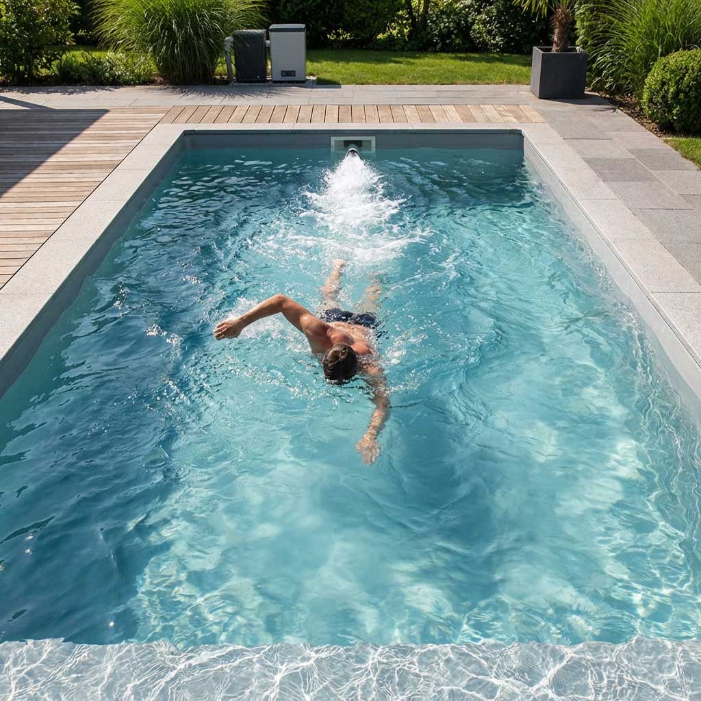 Rechteckiges, in den Boden eingelassenes Schwimmbecken mit einem Schwimmer, der Krabbelbewegungen ausführt, und einer Wasserfallfunktion.