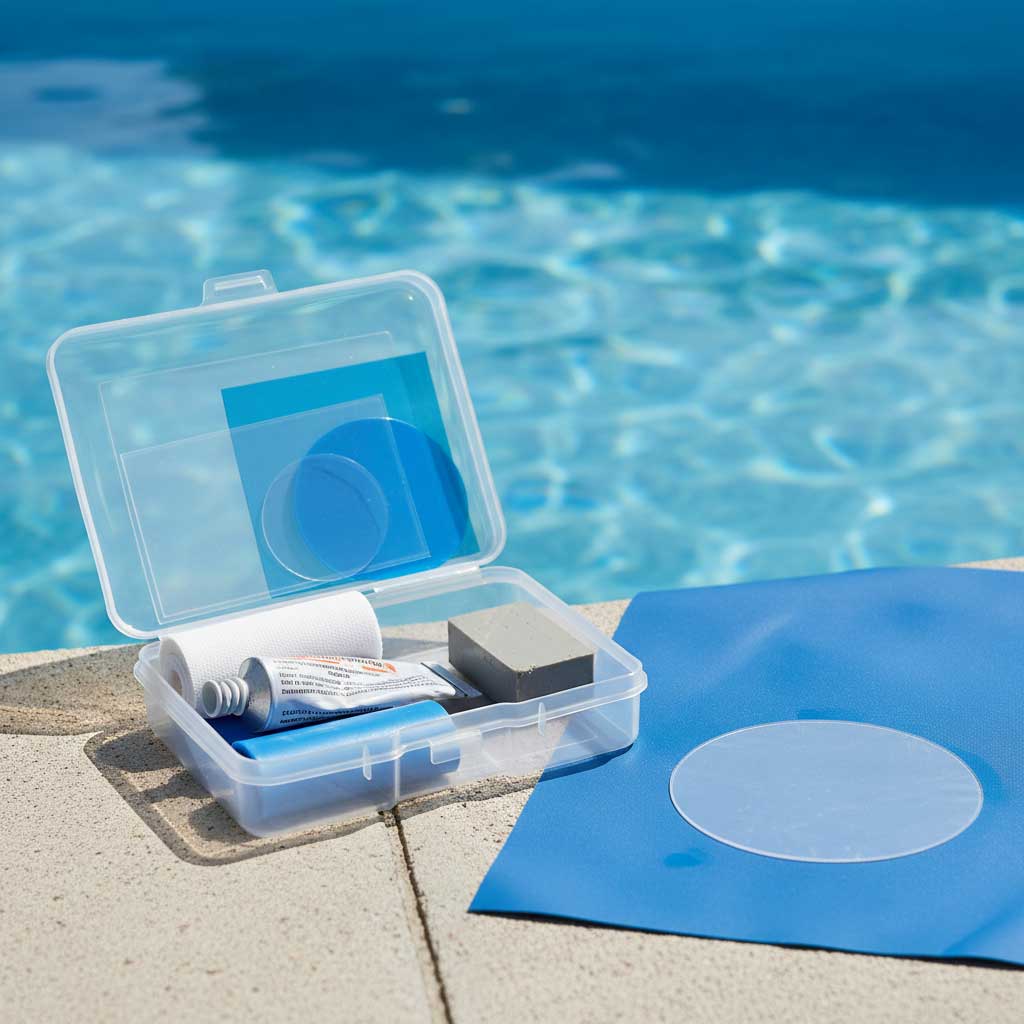 Pool-Reparaturset mit Flicken, Kleber und Reinigungswerkzeugen in einem durchsichtigen Kunststoffbehälter.