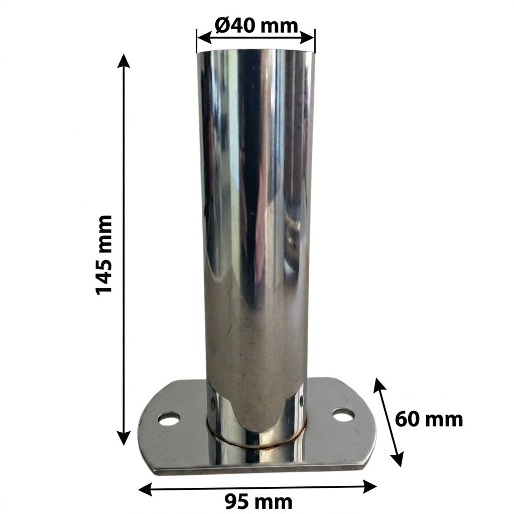 Poolleiter-Ankerhülse aus Edelstahl mit den Abmessungen 145 mm Höhe und 40 mm Durchmesser.