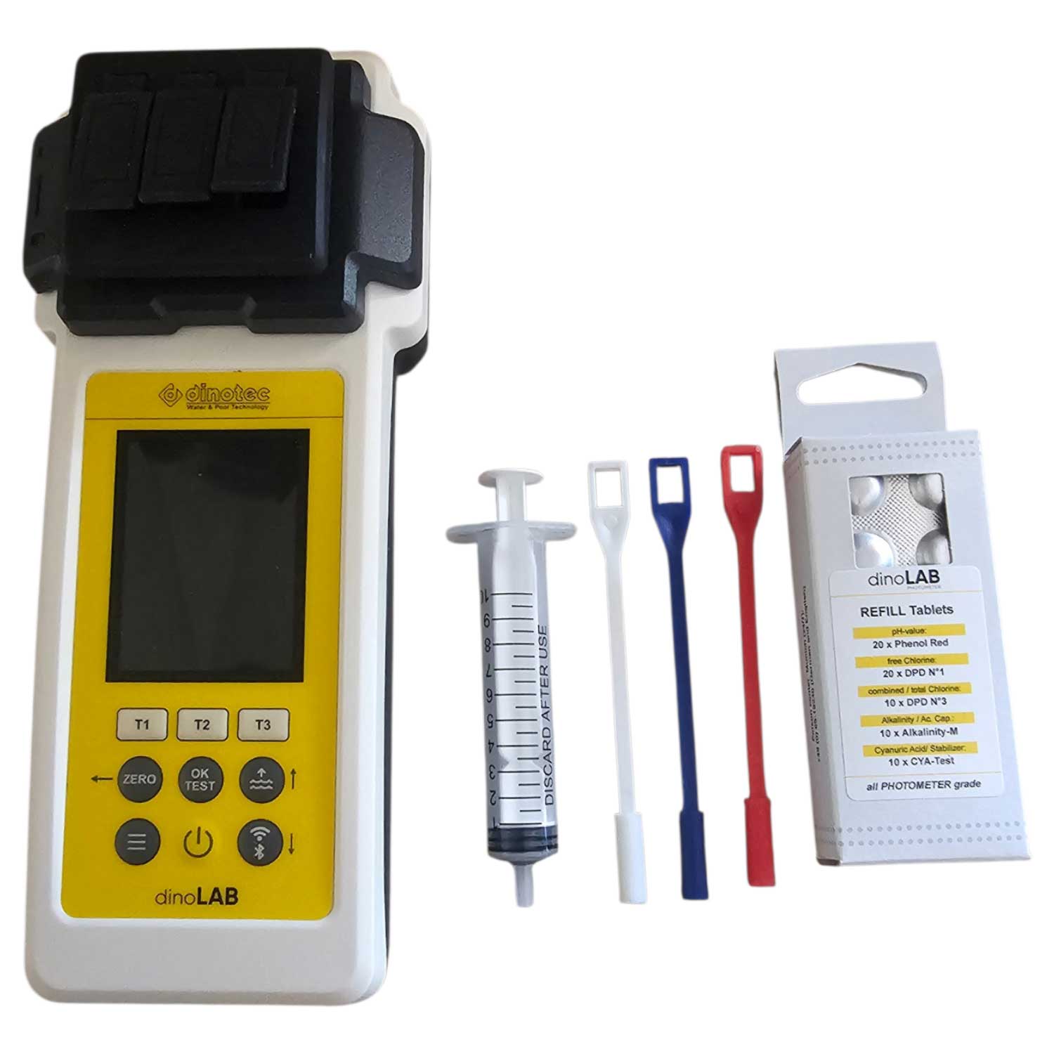 Ein digitales Poolwasser-Photometer mit einer Spritze, drei Rührstäben und einer Schachtel Testtabletten.