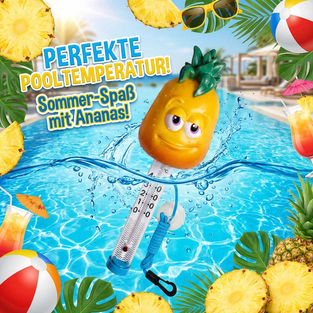 Ananasförmiges Poolthermometer, das im Wasser schwimmt.