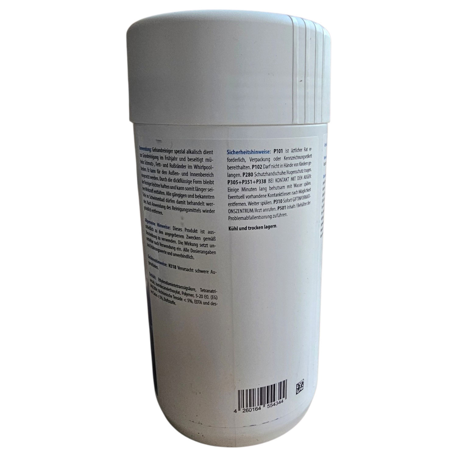 Eine weiße Plastikflasche mit einem Deckel mit Produktinformationen und einem Barcode auf dem Etikett.