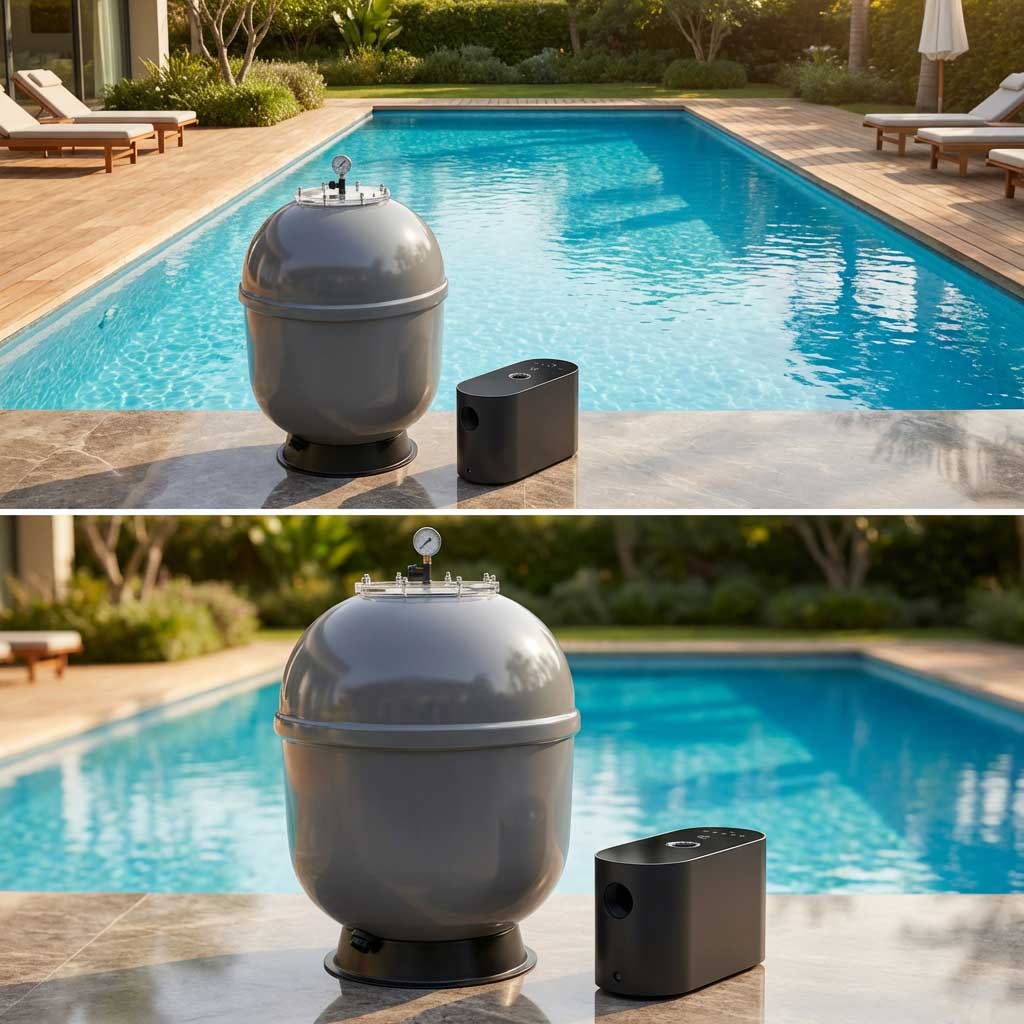 Am Pool mit großem grauen Druckbehälter und schwarzer Steuereinheit.