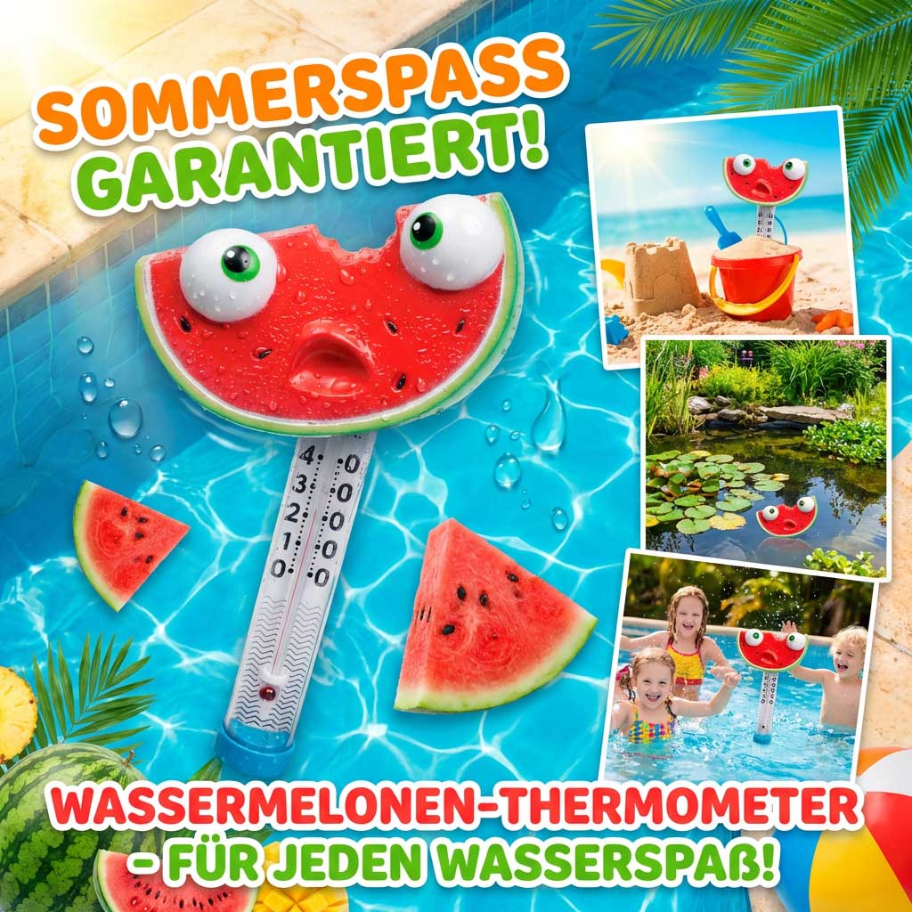 Wassermelonenthermometer schwimmt in einem Schwimmbad.