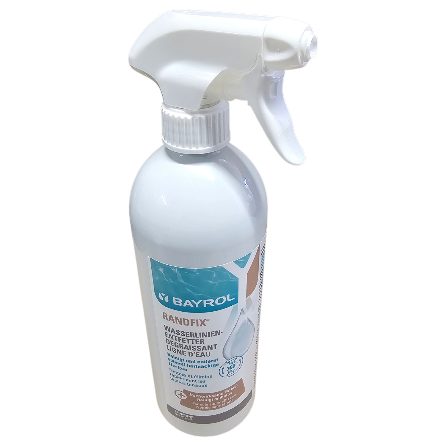 Sprühflasche mit Reinigungsmittel für Wasserlinien im Pool.
