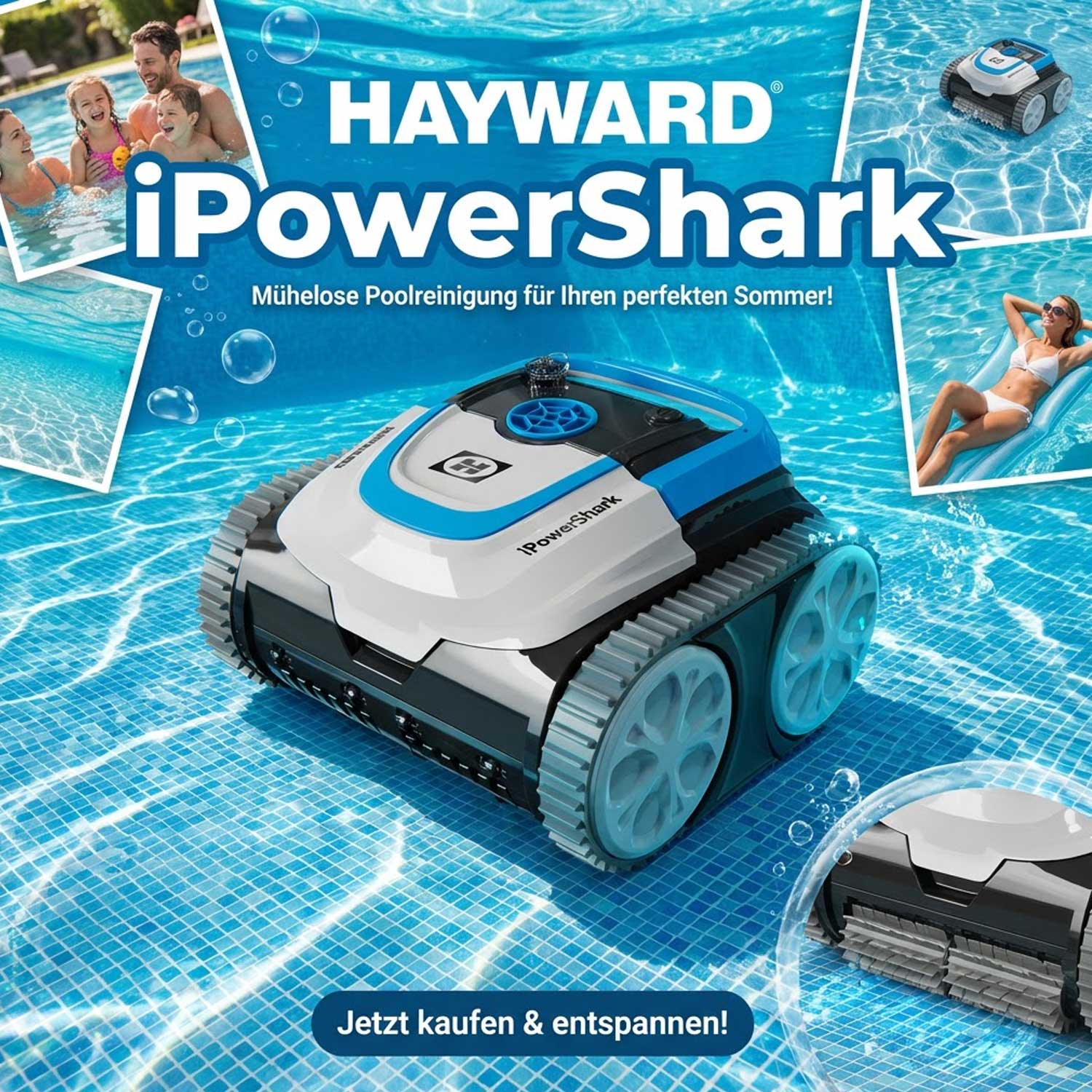 Roboter-Poolreiniger auf einer gefliesten Pooloberfläche mit Wasserspiegelung.