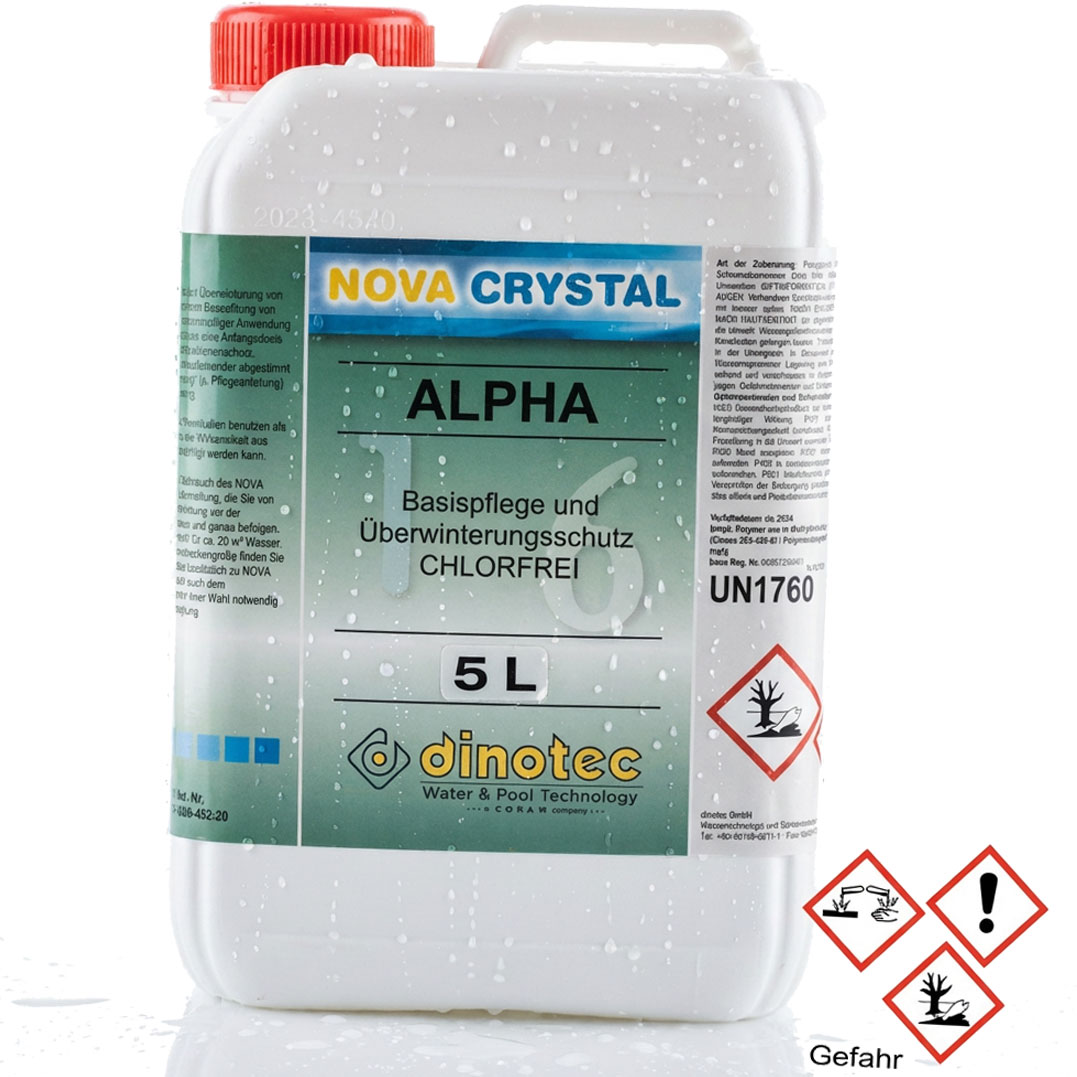 Weißer 5-Liter-Behälter mit der chlorfreien Überwinterungslösung NOVA CRYSTAL ALPHA für den Pool.
