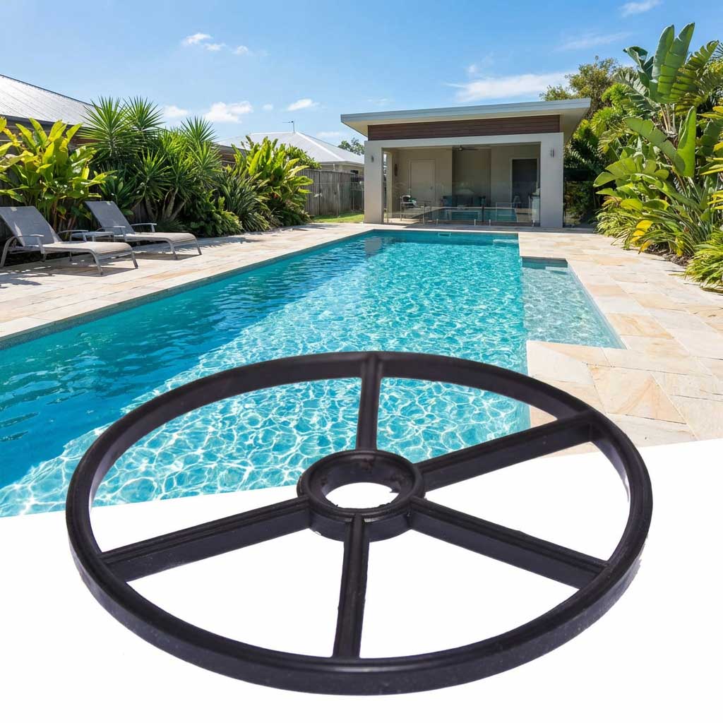 Schwarzer runder Pool-Skimmer-Korbdeckel mit Speichen, positioniert vor einem Schwimmbecken.