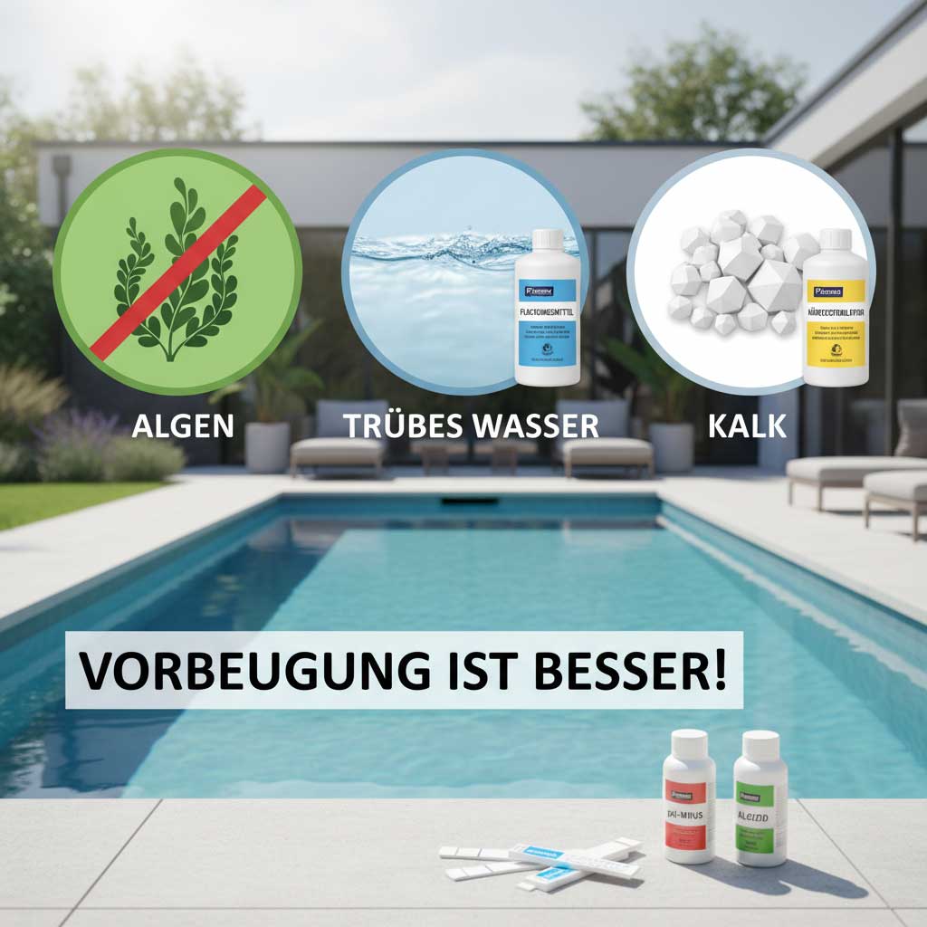 Bild, das Probleme mit Algen, trübem Wasser und Kalkablagerungen in Schwimmbädern zeigt und chemische Lösungen für Schwimmbäder vorstellt.