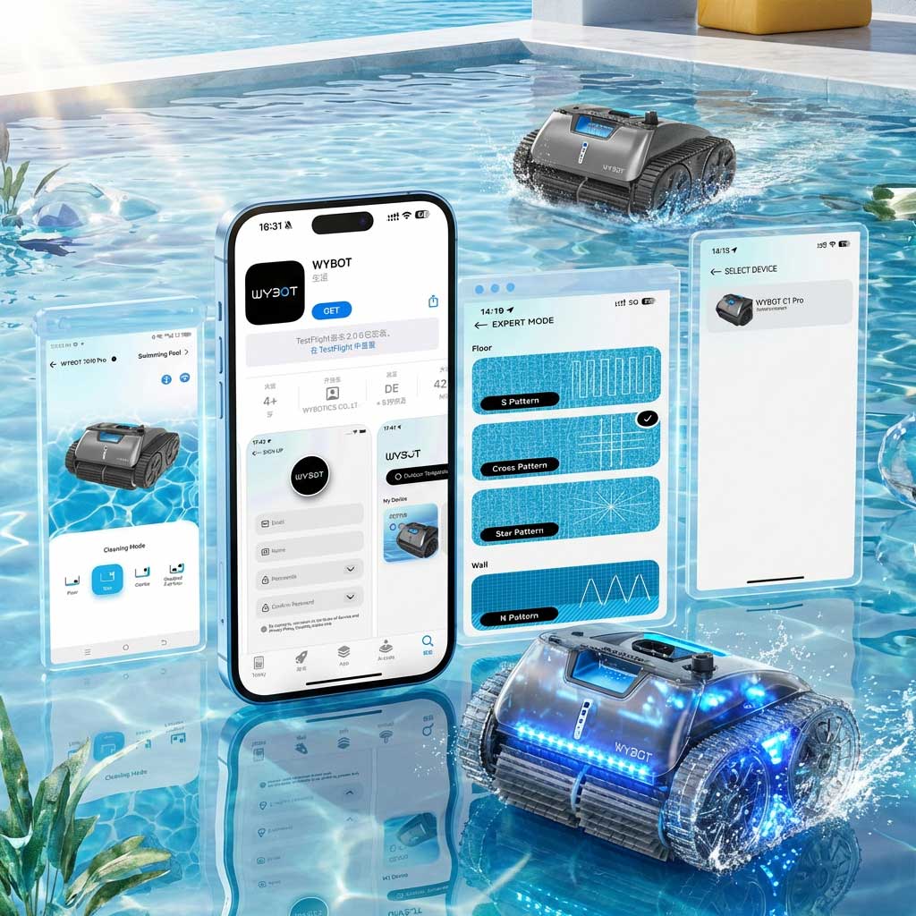 Roboter-Poolreiniger im Wasser mit angezeigter Smartphone-App-Schnittstelle.