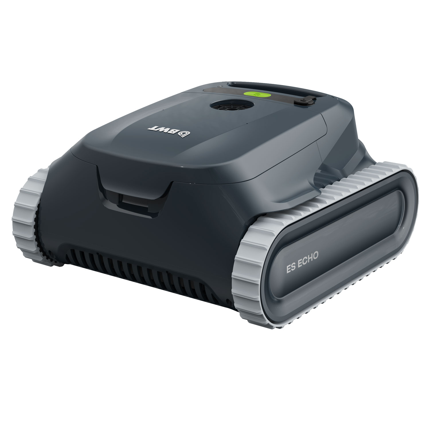 Bild eines BWT ES ECHO Roboter-Poolreinigers in den Farben Grau und Dunkelgrau. Das Design zeichnet sich durch Tankprofile aus.
