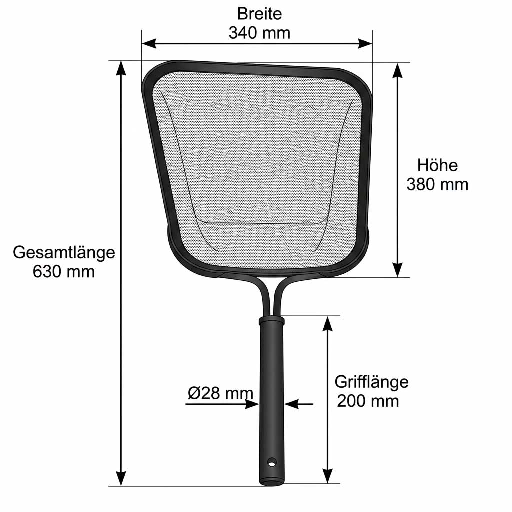 Poolskimmer mit einer Breite von 340 mm und einer Gesamtlänge von 630 mm.