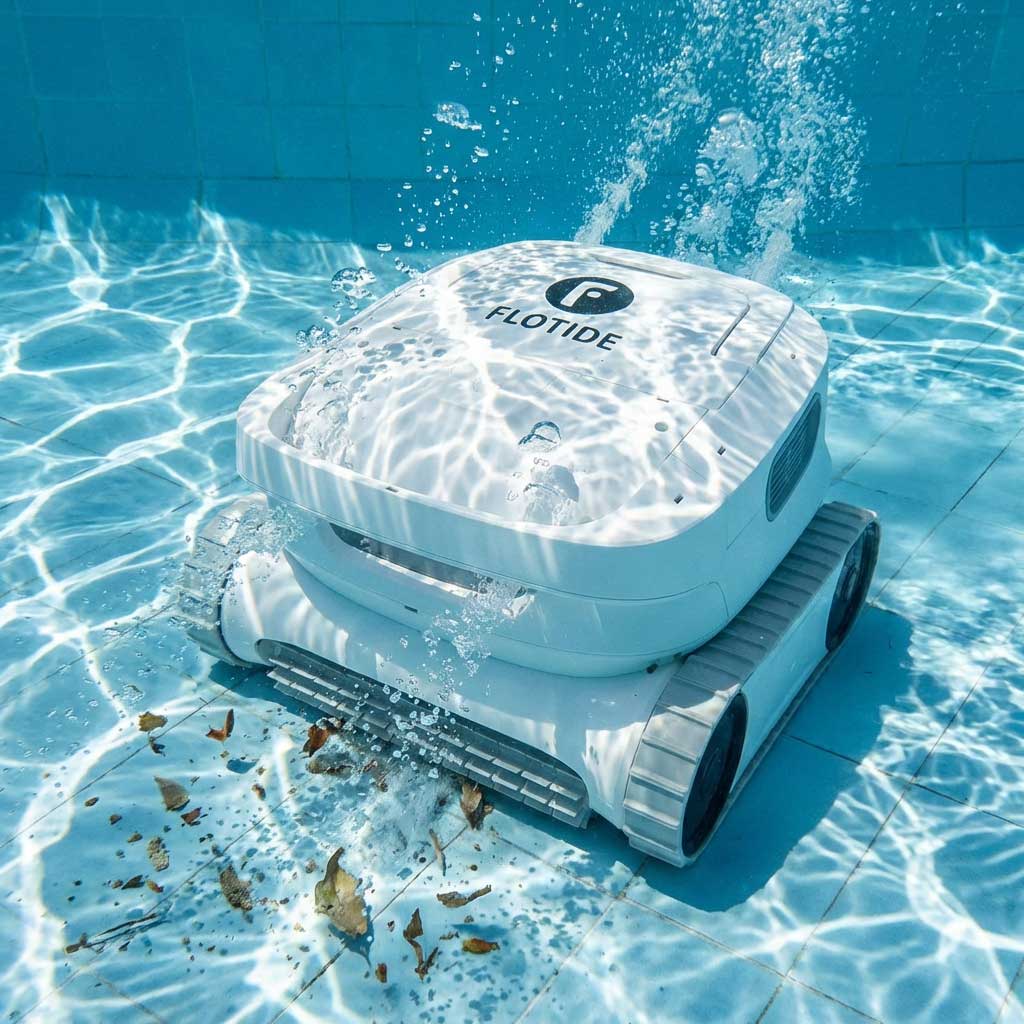 Automatischer Poolreiniger, der unter Wasser arbeitet und Schmutz vom Poolboden entfernt.