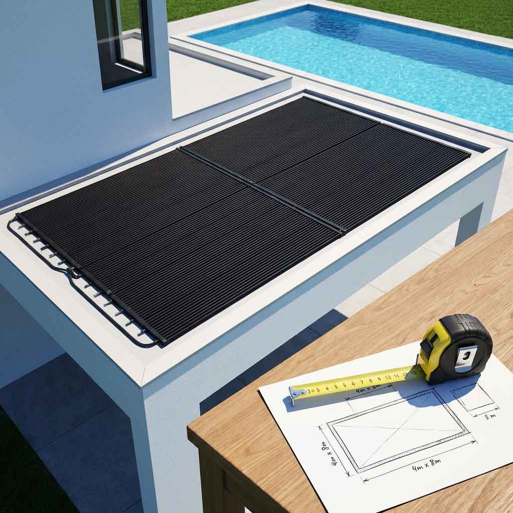 Das Bild zeigt eine schwarze Solar-Poolheizung, die einen Pool abdeckt, zusammen mit einem Plan und einem Maßband.