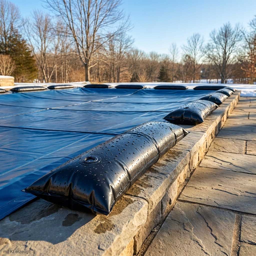Schwarze Wasserrohre sichern eine blaue Pool-Winterabdeckung an einer steinernen Terrassenkante.