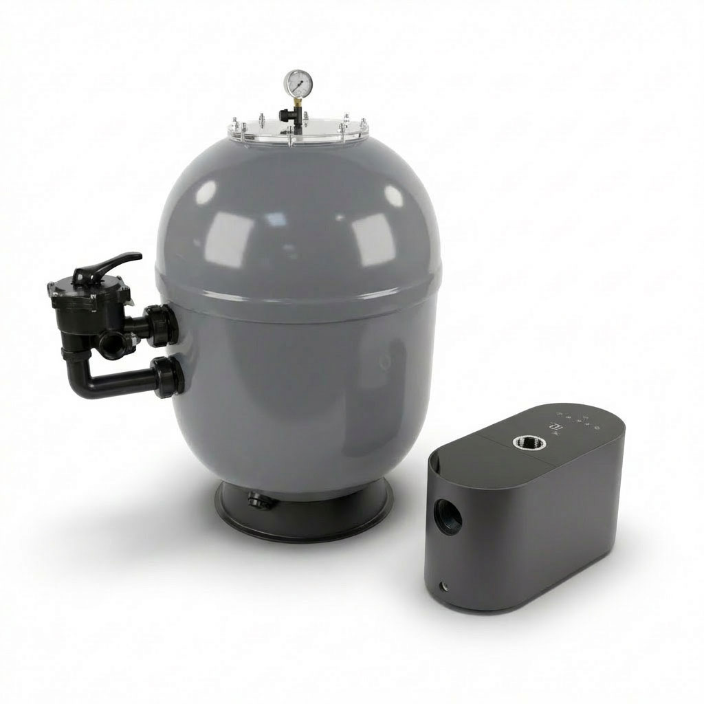Graues zylindrisches Poolfiltersystem mit Manometer und Ventil.