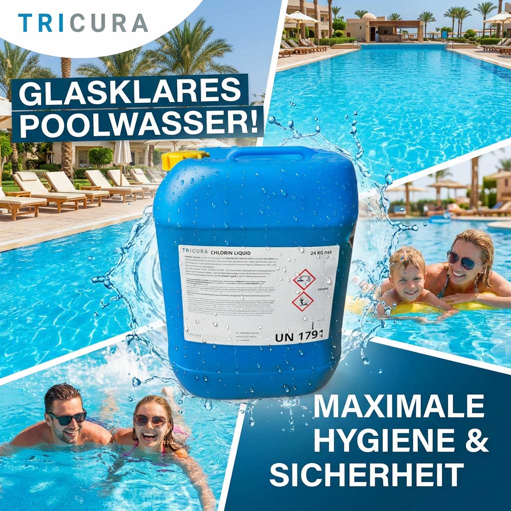 Blauer Chlorflüssigkeitsbehälter in der Nähe eines Schwimmbades mit klarem Wasser.