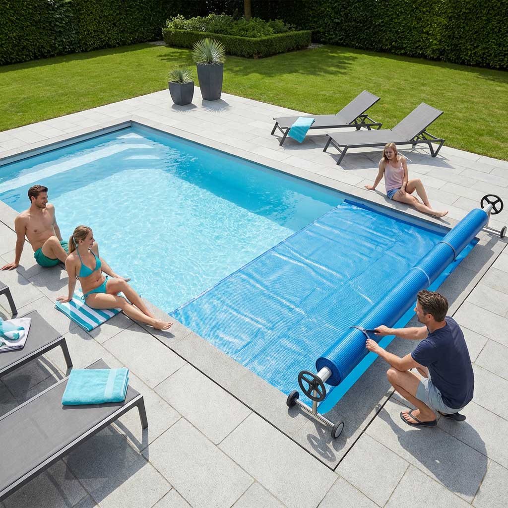 Rechteckiger Pool mit blauer Poolabdeckung mit Rollmechanismus und Loungebereich.