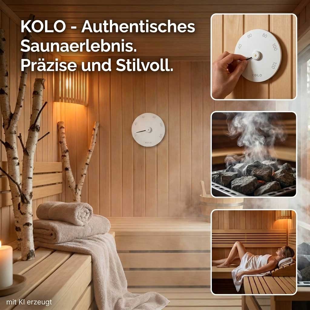 Ein rundes Saunathermometer, montiert auf Holzwandpaneelen in einem Dampfbad.